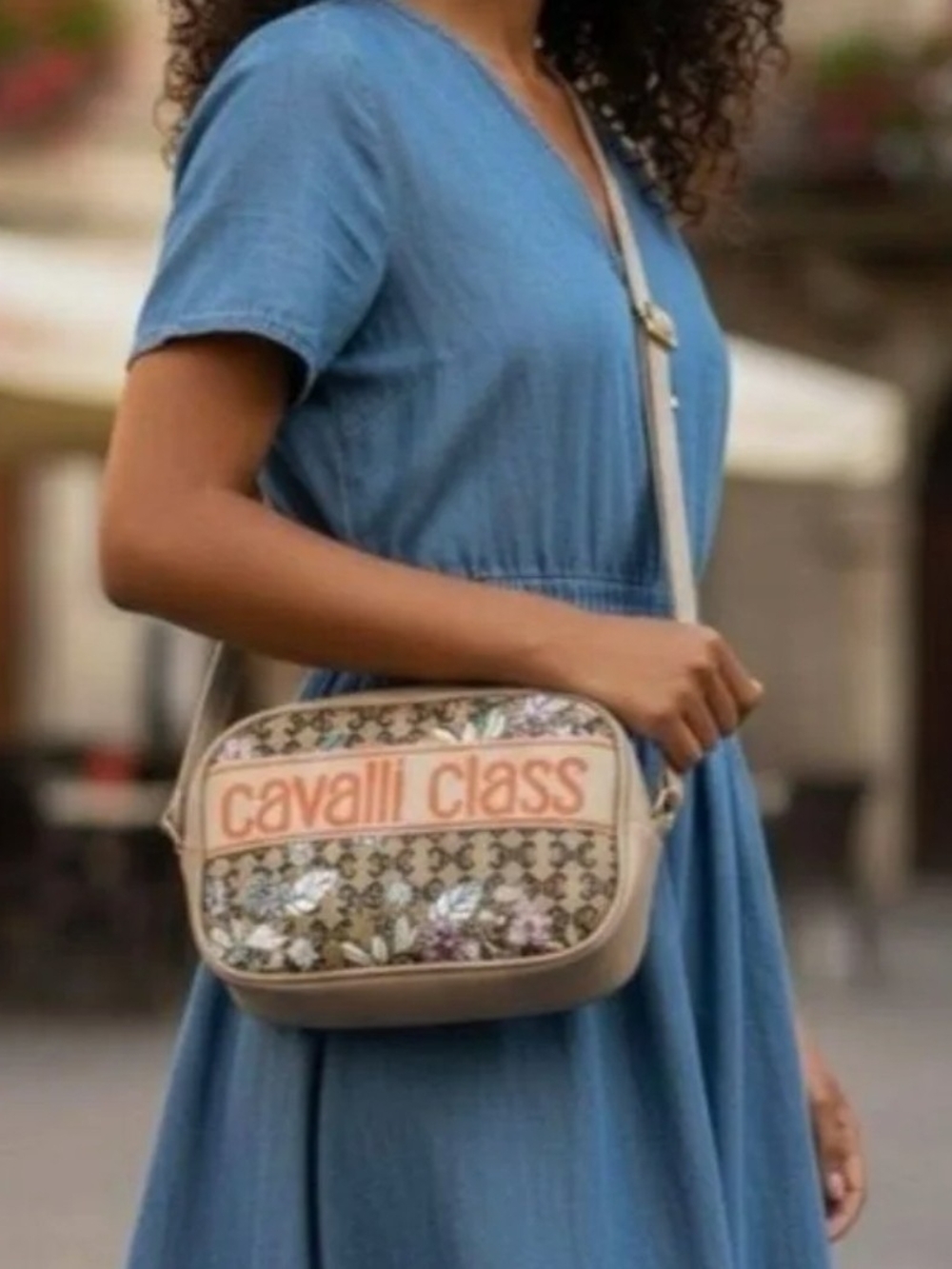 Cavalli Class Beige Floral Logo Crossbody Bag